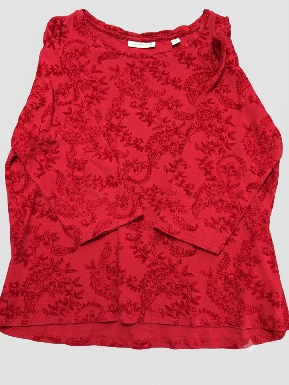 Coldwater Creek Red Paisley Velvet Burnout Top 3/4 Sleeve Scoop Neck XL